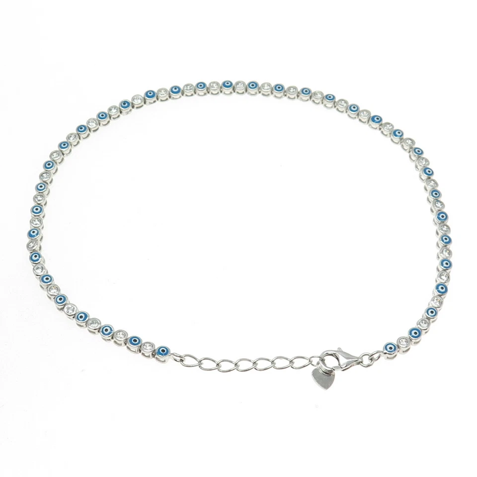 Pulseira de prata esterlina 925 esmalte C Z Evil's Eye tornozeleira 9,5-10,5" - Imagem 4 de 4