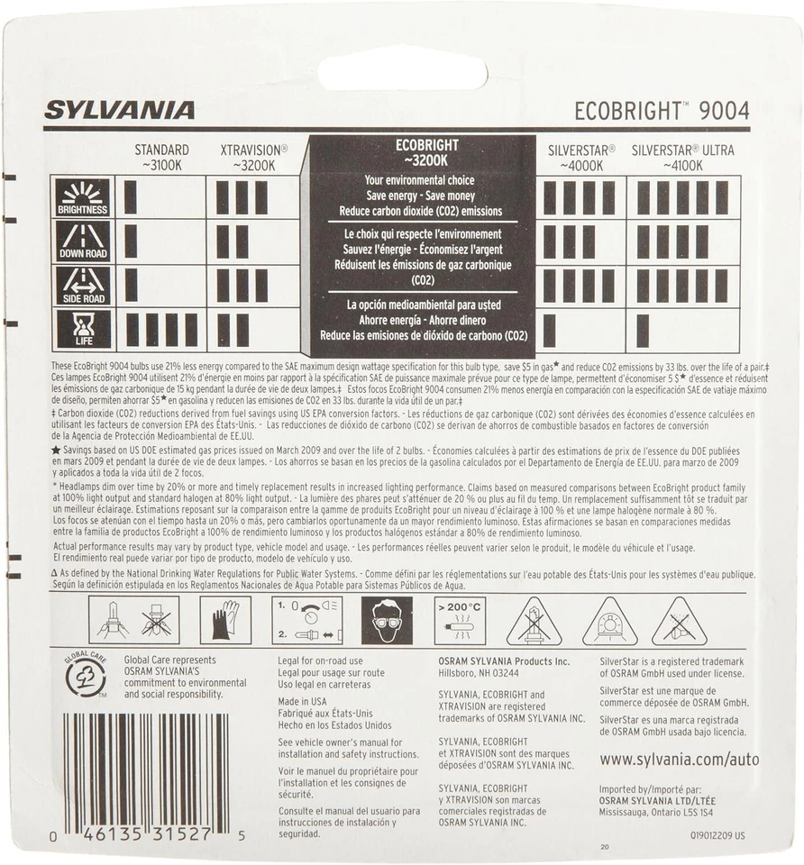 Sylvania EcoBright 9004 HB1 65/45W Two Bulbs Head Light Replacement Stock Lamp - Изображение 4 из 4