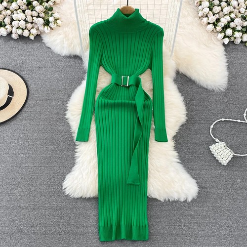 Turtleneck Sexy Wrap Hips Knitted Dresses Women Long Sleeve Dress with Belt