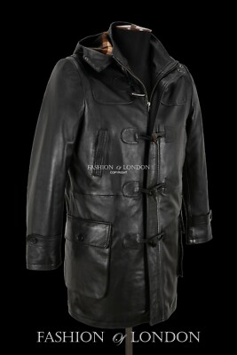 Herren Duffelcoat Echtleder schwarz Napa Kapuze knielang Horn Knebeljacke