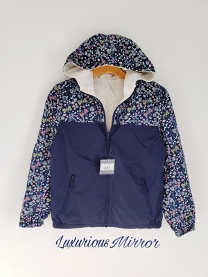 Eddie Bauer Girls Reversible Windy Ridge Hooded Blue Floral Zip Up Jacket Sz M