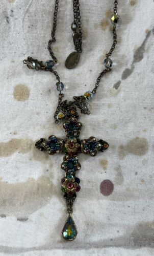 Michal Negrin Cross Necklace Multi Colored Chunky Drop Flowers Crystals 21”