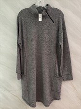 T By Talbots L Gray Long Sleeve Zip Mock Neck Dress w/ Pockets New!!