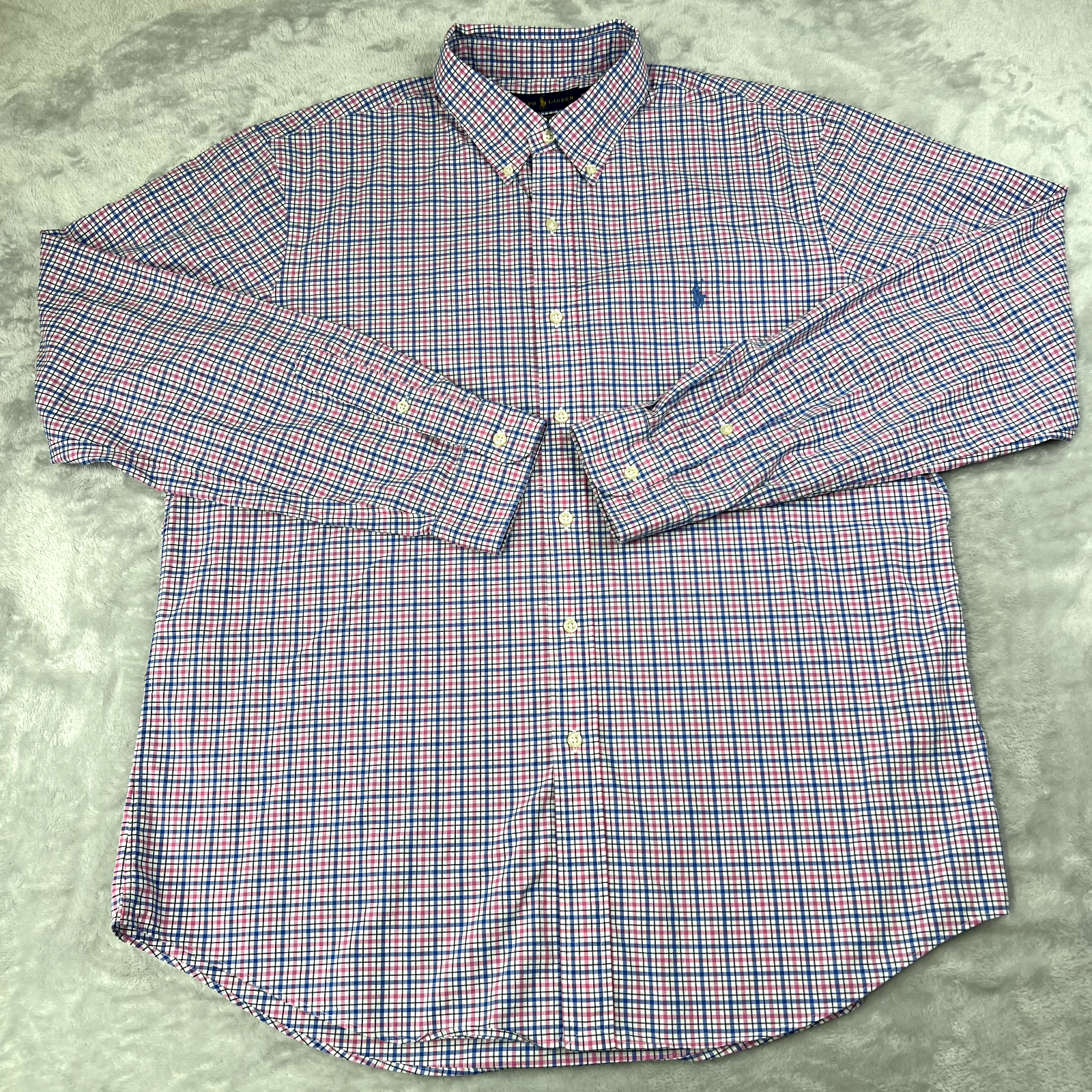 Polo Ralph Lauren Camicia Uomo Extra Large Blu Rosa Plaid Elasticizzata Pony Casual