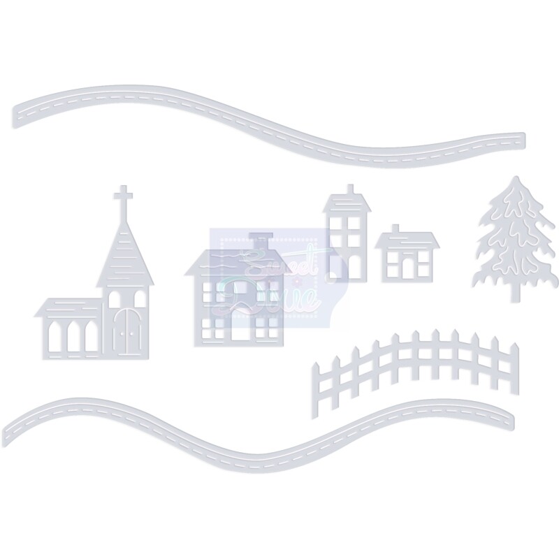 Sweet Dixie Snowy Scene Houses Tree 8 Pce Die Set Christmas New Home Card Making