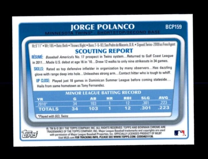 2011 Bowman Chrome Prospects #BCP159 Jorge Polanco NMMT - Image 2 of 2