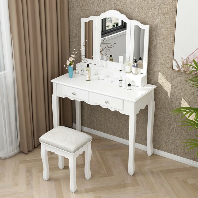 Bathroom Wood Vanity Makeup Dressing Table Stool Set Mirror 4 Drawer White