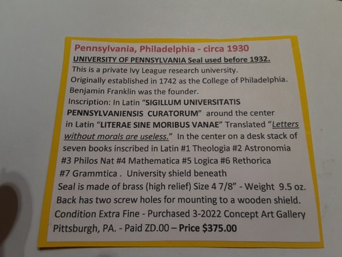 (pgasteelers1) University of Pennsylvania, Philadelphia PA. Large Bz. plaque - Bild 4 von 4
