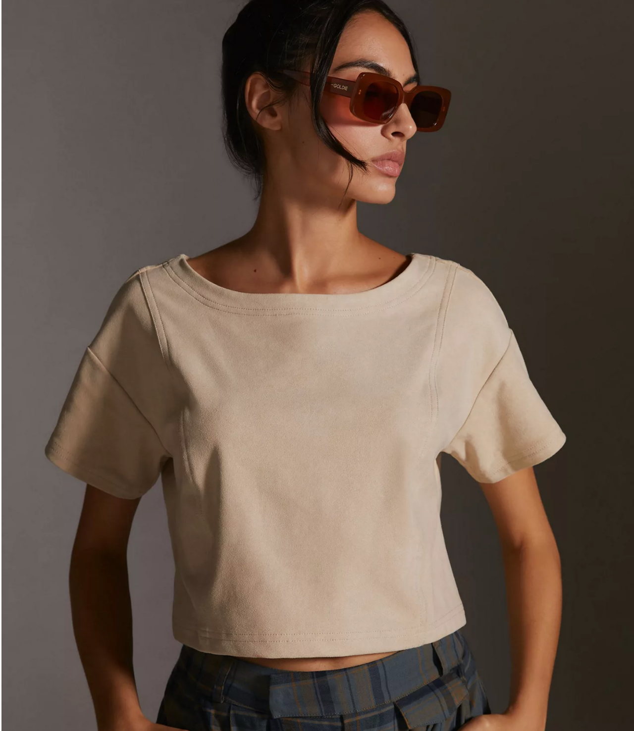 Anthropologie Pilcro Faux Suede Tee Size Large Beige Cropped Top