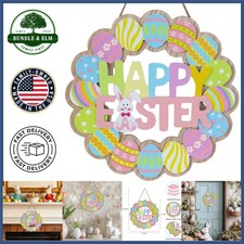 Happy Easter Wooden Wall Decor, Colorful Bunny and Eggs Wreath for Front Door