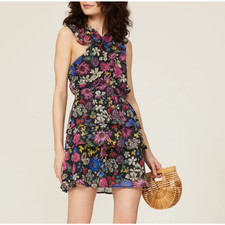 Slate & Willow Black Floral Mini Party Dress SMALL Chiffon Ruffle Designer $145
