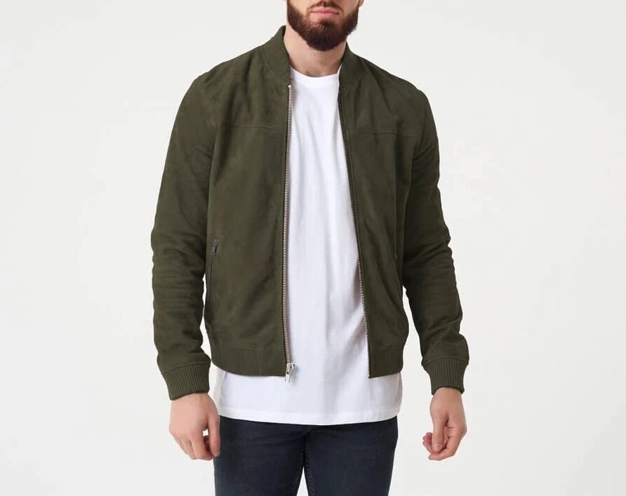Olive Green Bomber Leather Jacket Men Pure Suede Size S M L XL XXL Custom - 330