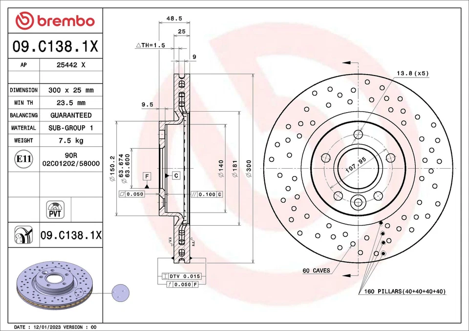 2x BRAKE DISC 09.C138.1X FOR VOLVO V50 C30 V40/Cross/Country/Hatchback/Van 2.0L - Image 2 of 4