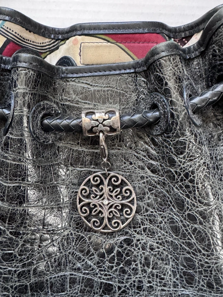 Brighton Gray Croc Embossed Hobo Bag Leather Tote Satchel Heart Charm 16”x11” - Image 2 of 4