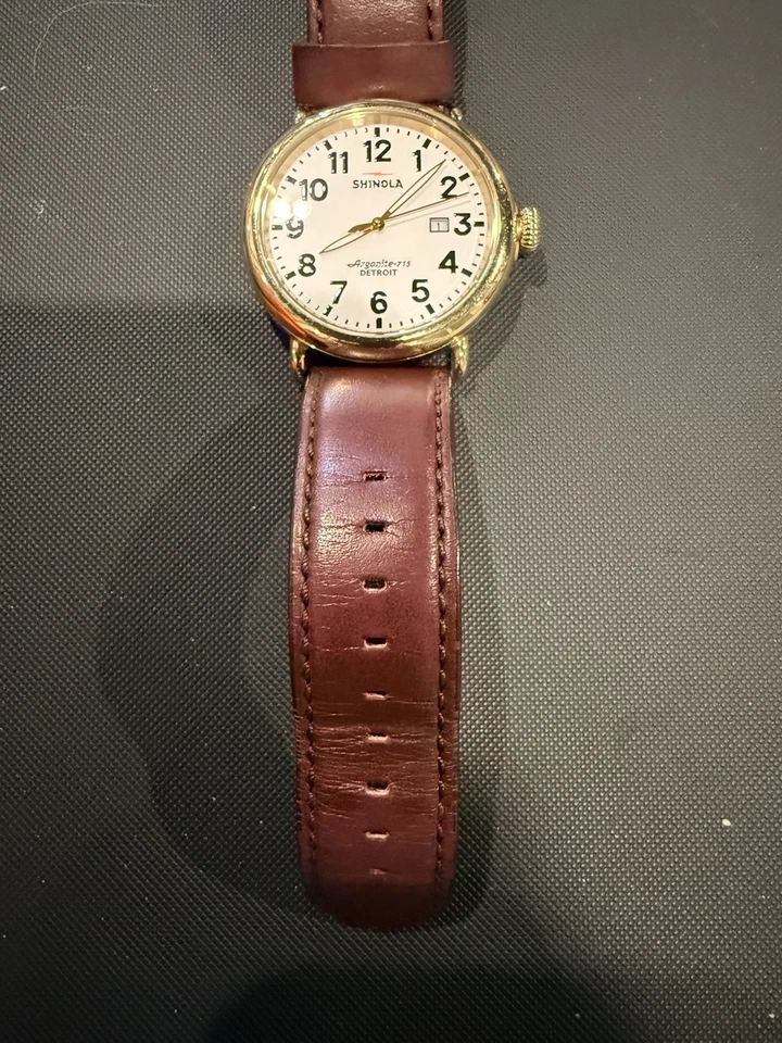 Shinola Runwell 47 mm esfera blanca caja de acero inoxidable dorado correa marrón Foto 3 de 4