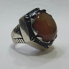 Vintage 925 Sterling Silver Big Ring, Yemeni Agate Stone Size 10 us