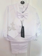 BNWT Boys White 3 Piece Christening Suit, With Cross Motif Aged 23 Months