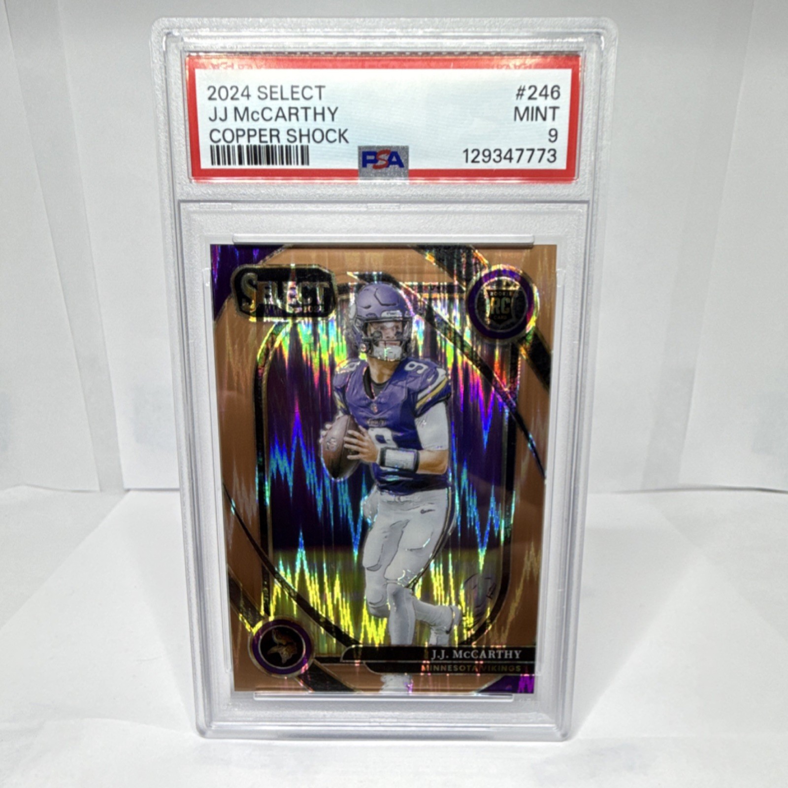 2024 Panini Select Club J.J. McCarthy Vikings Copper Shock /299 #246 PSA 9