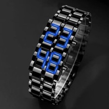 LED Digital Watch, Black  Blue Stainless Steel Lava Style, Samurai Bracelet