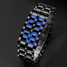 LED Digital Watch, Black & Blue Stainless Steel Lava Style, Samurai Bracelet