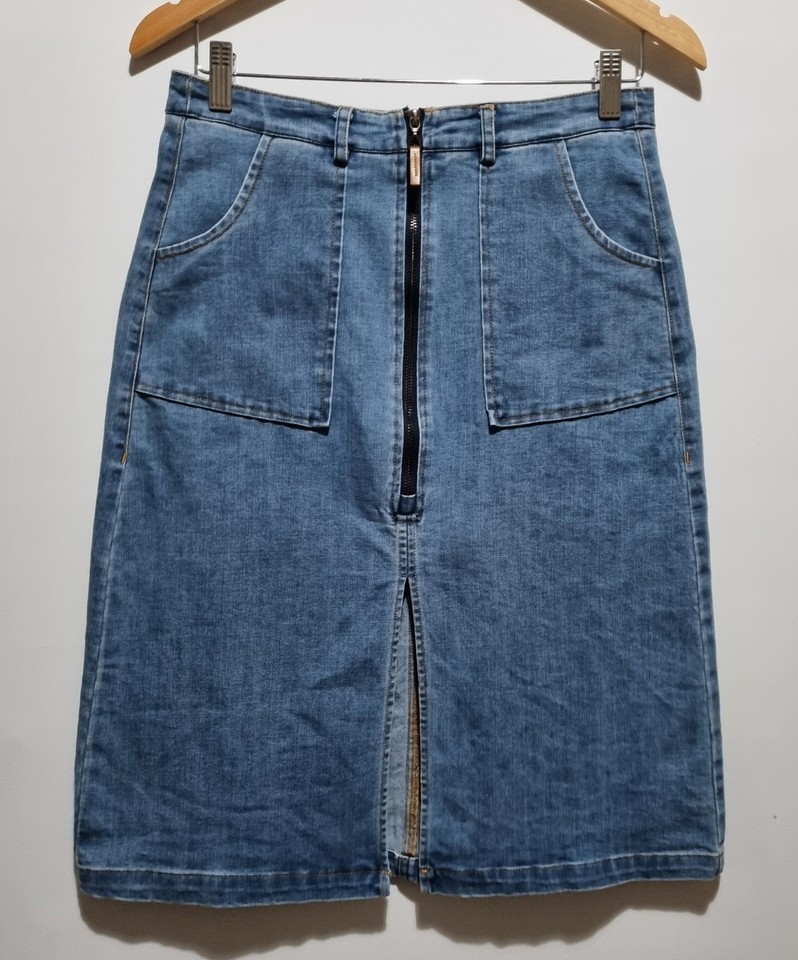 Eb & Ive Stretch Denim Skirt (Fits S/M) Zip Front Straight Light Blue L63cm