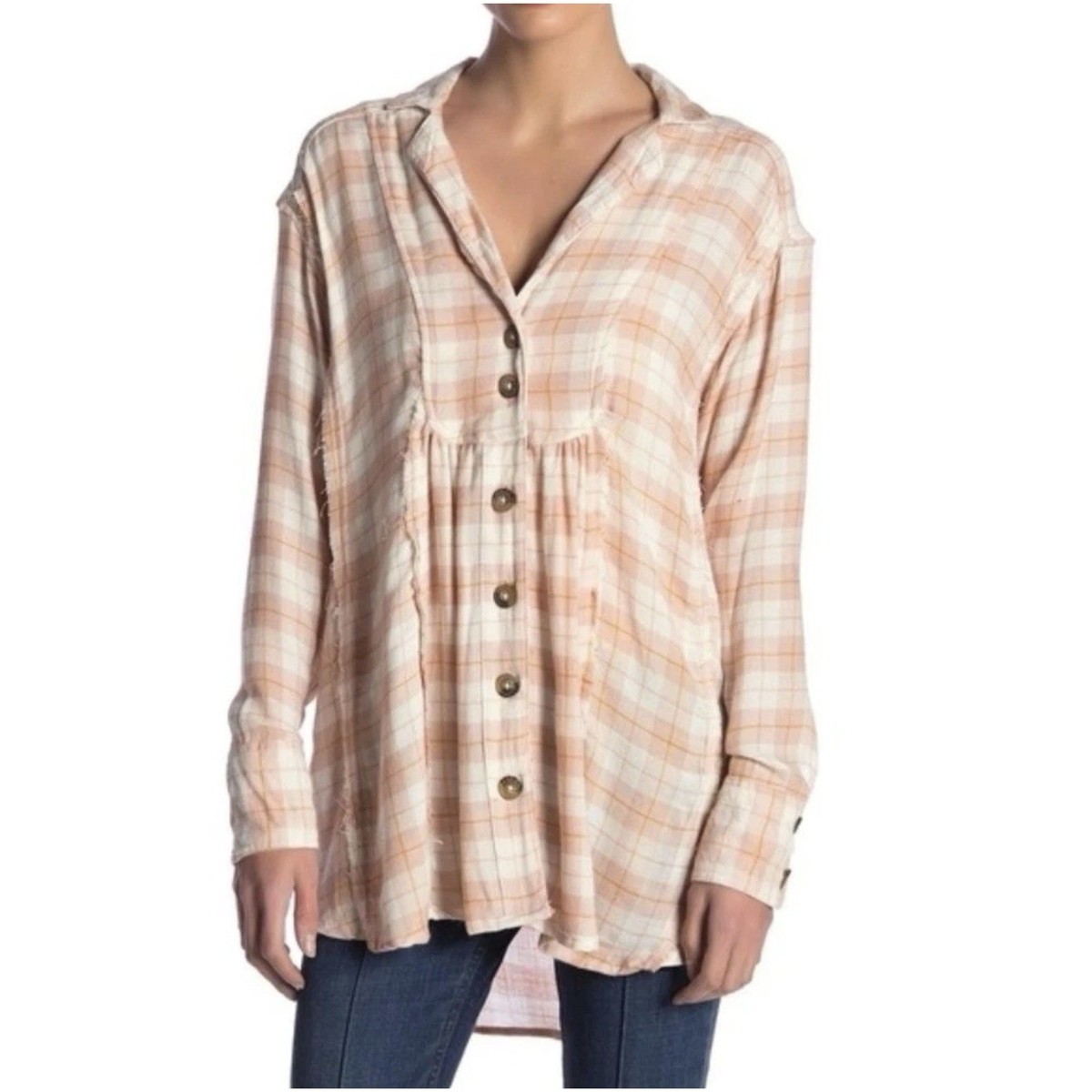 Free People All About The Feels Tunic XS Rose Combo Plaid Flannel Wool Blend