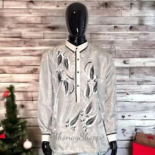 Monochromatic Hand-Painted Barong Tagalog  Jusi Organza Filipino Formal Wear
