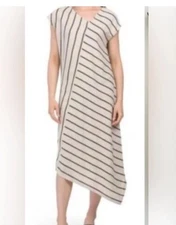 Tahari Womens Large Beige Asymmetrical Stripe Linen Midi Dress Coastal Lagenlook