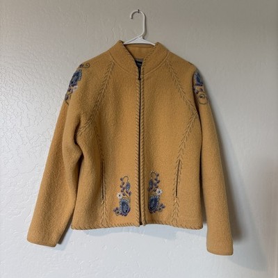 Icelandic Design Floral Wool Embroidered Flowers Coat sz L Goldenrod