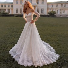 Pearls Lace Appliques Wedding Dress Off The Shoulder Chapel Train Bride Gowns