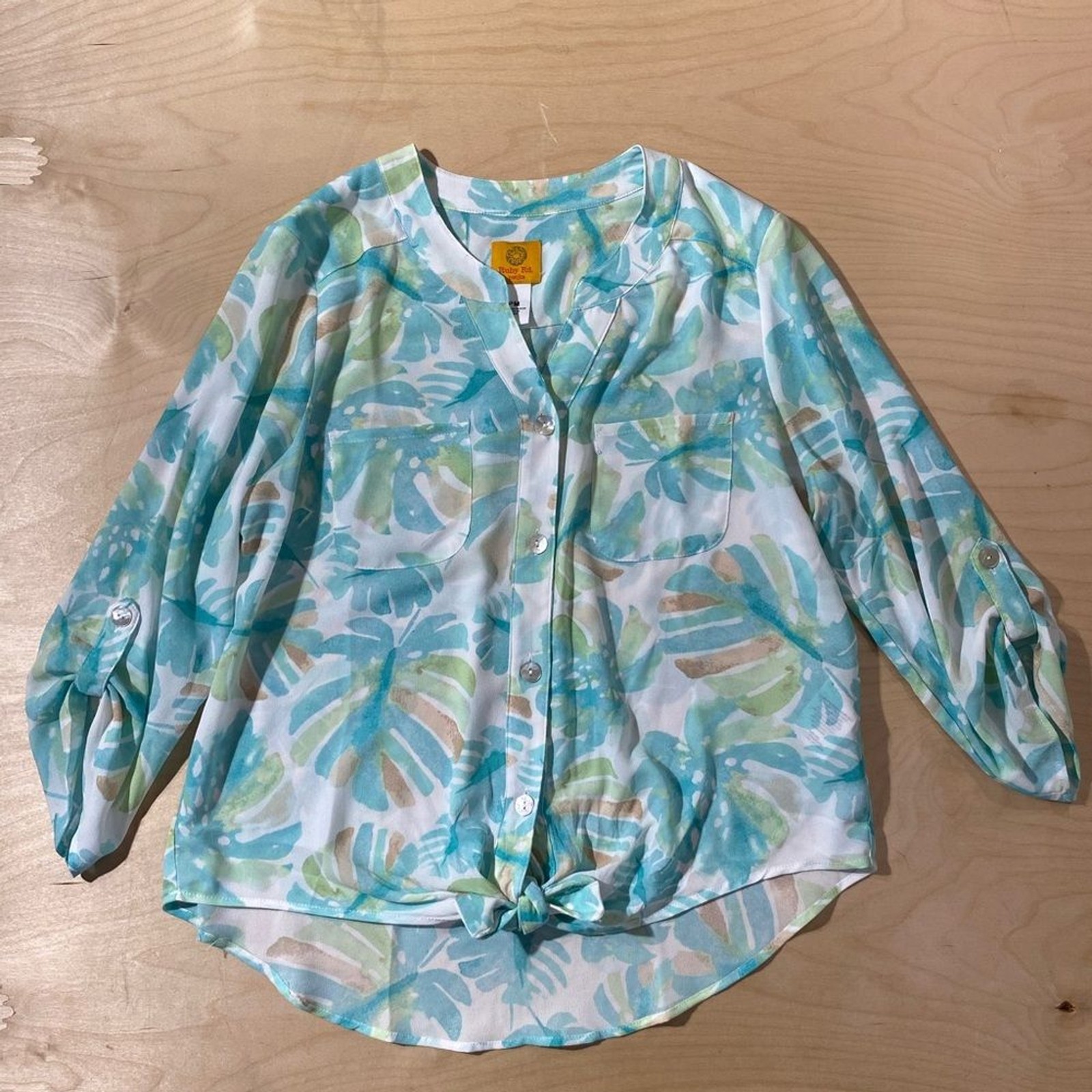 Ruby Rd. Aqua Teal Leaf Button-Front Tie Hem Blou… - image 3