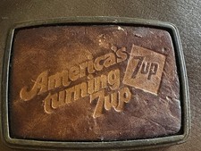 Vintage 7UP “America’s Turning 7UP” leather inlay brass belt buckle Made In USA