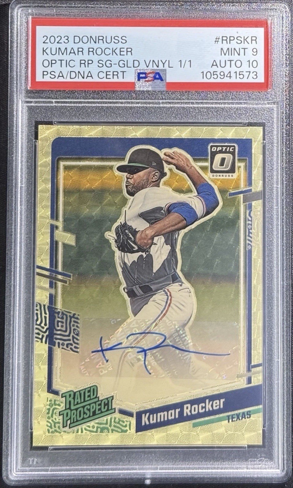 2023 DONRUSS KUMAR ROCKER AUTO ROOKIE SUPERFRACTOR GOLD VINYL 1/1 PSA 9 AUTO 10