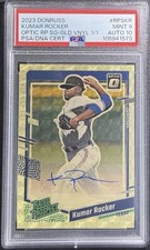 2023 DONRUSS KUMAR ROCKER AUTO ROOKIE SUPERFRACTOR GOLD VINYL 1/1 PSA 9 AUTO 10