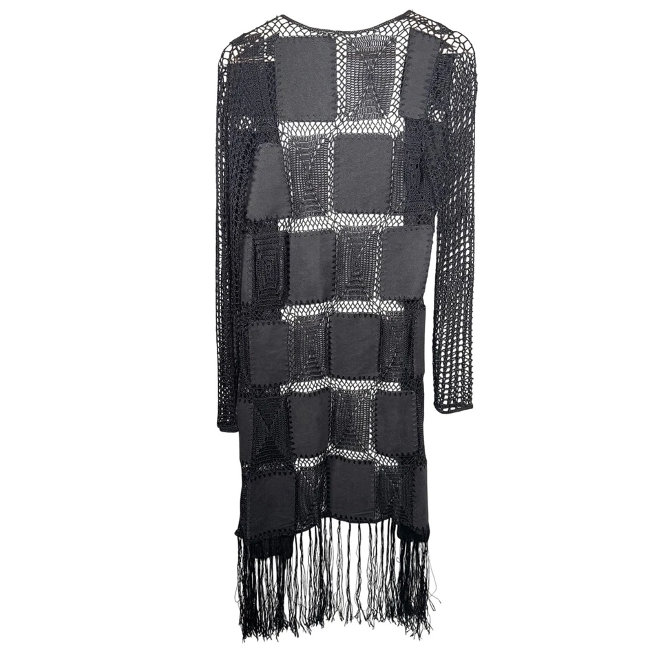 BKE 黑色钩针拼布人造皮革条纹长袖掸子开衫 XS — 第 2/4 张图片