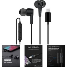Apple MFi Certified Lightning Earbuds 10mm Drivers Black Noise Isolation
