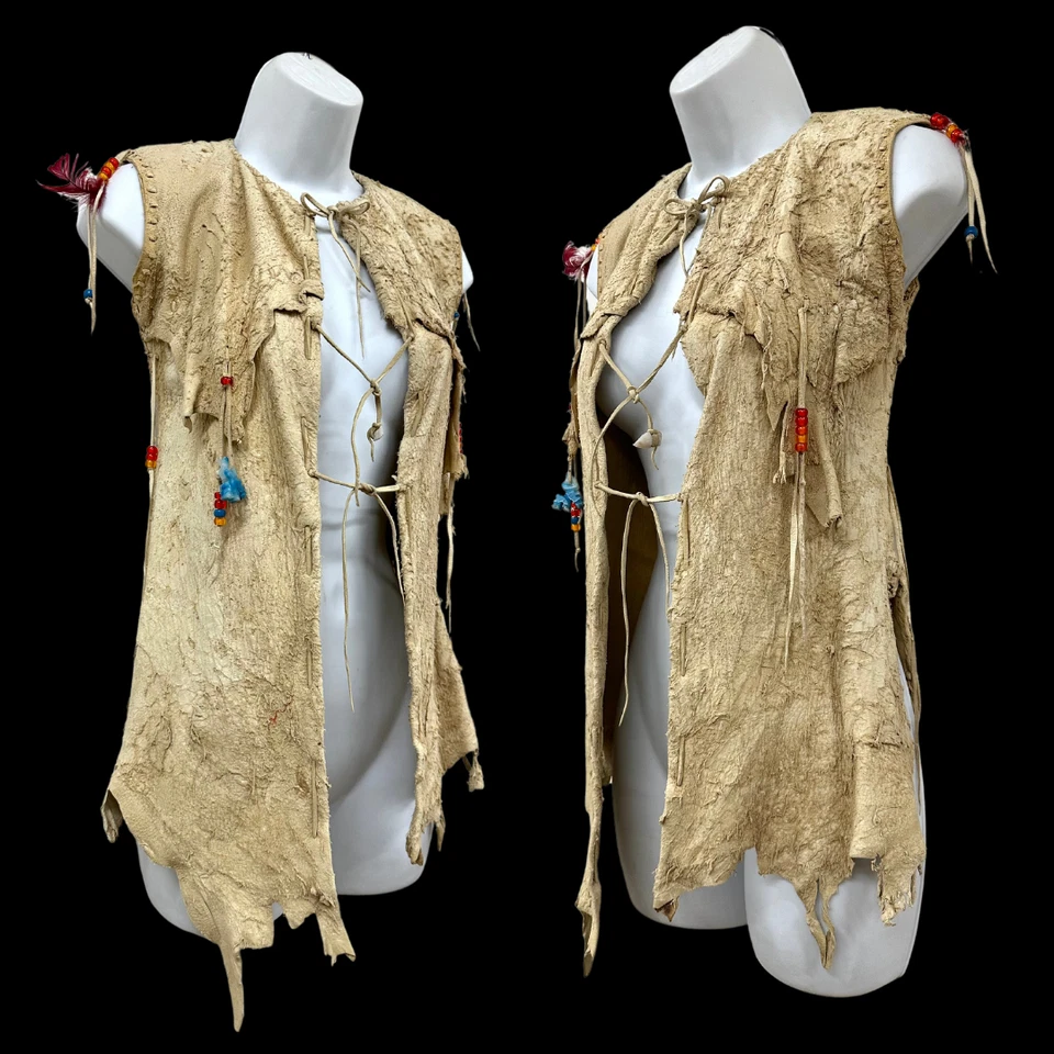 Vintage 1960s/70s Kids Leather Whipstitch Native American Beaded Fringe Vest - Image 2 of 4