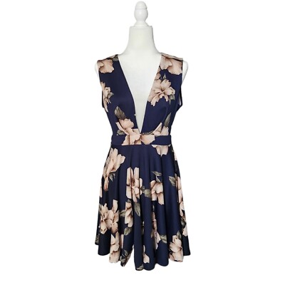 Papaya Blue Navy Floral Deep V Neck Back Cut Mini Dress Size L