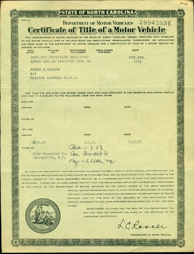 1951 NC Title Of Motor Vehicle For a 1946 CHEVY TRUCK GLENN E TAYLOR