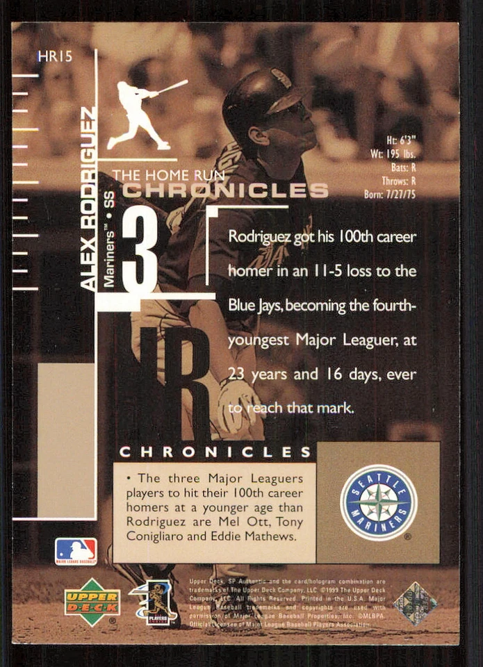 1999 SP Authentic Home Run Chronicles #HR15 Alex Rodriguez - Image 2 of 2