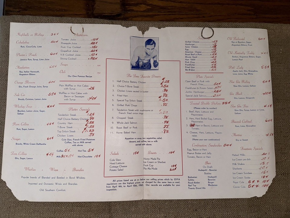 1943 Menu THE Joe Anderson Cafe & Restaurant Erlanger KY Boxer Spec