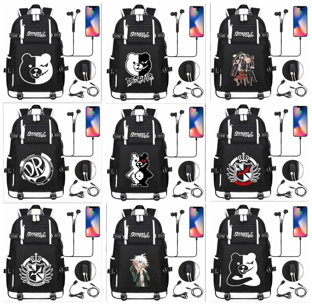 Danganronpa Monokuma Backpack USB Charge Travel Bag Music Laptop