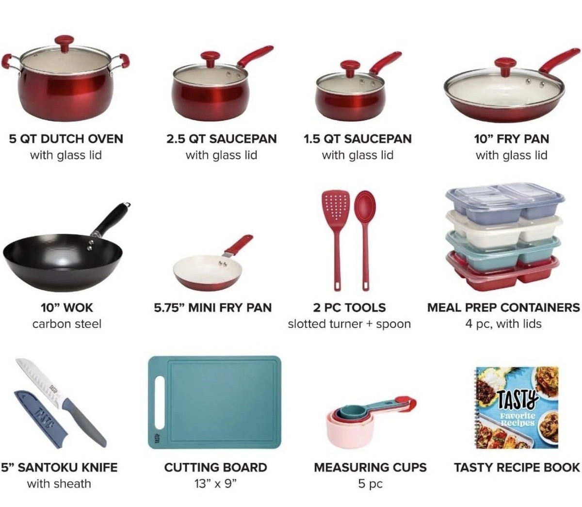 Tasty Clean Ceramic 24 Piece Non-Stick Aluminum Cookware Set, Red