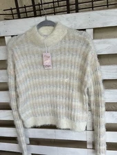 New Candie's cozy and soft  striped Metalic Beige fuzzy mock neck sweater M.