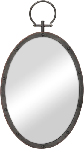 Specchio Metallo Ovale Rustico Bronzo con Dettaglio Rivetto & Anello Appeso per Parete, Indo - Foto 1 di 8
