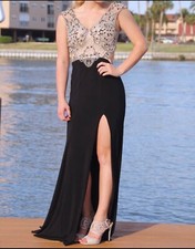 RACHEL ALLAN LONG PROM Heavily Beaded Size 4 Black  Silver Sheath