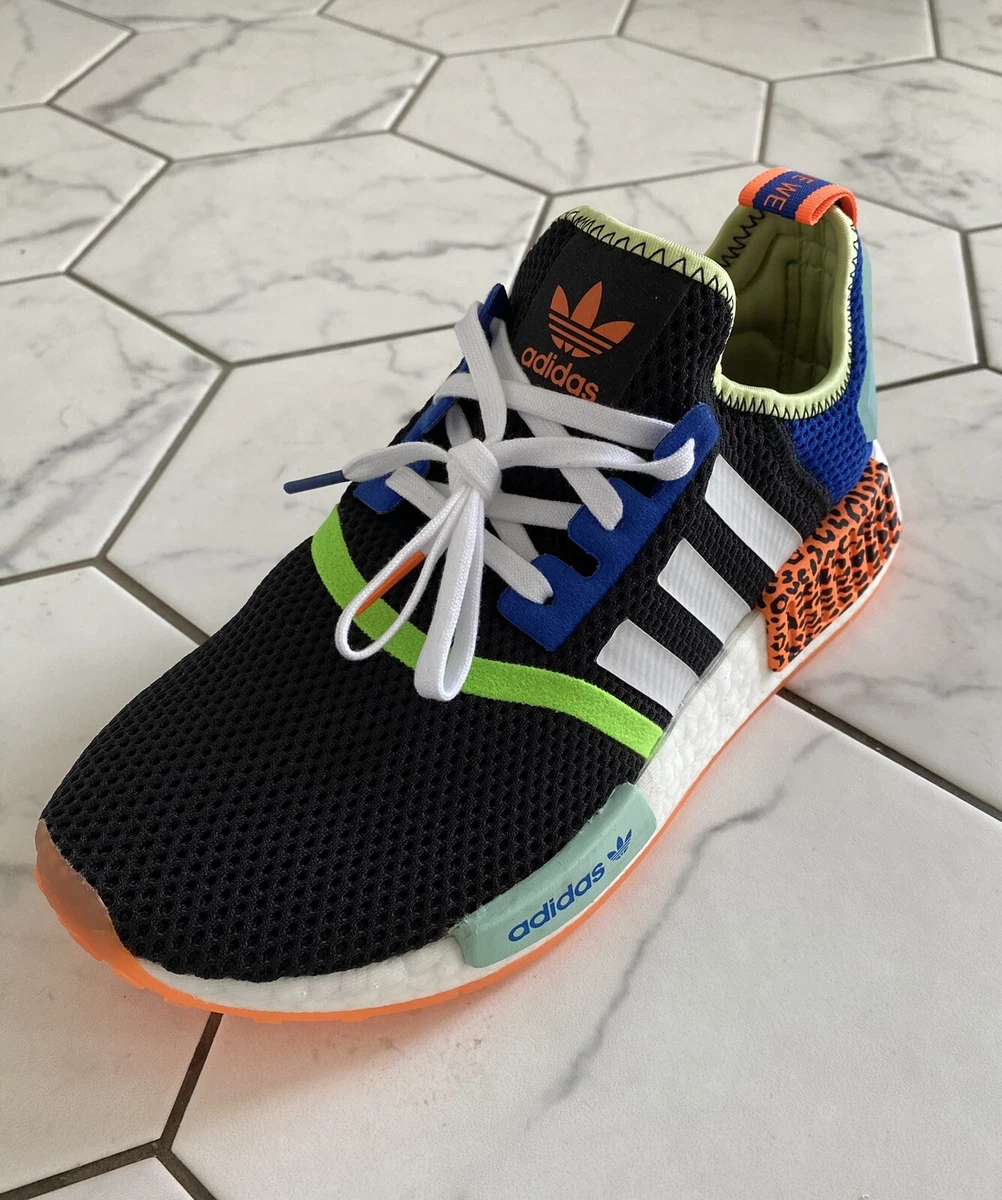 Size UK 5 - Adidas NMD R1 J- Black, Blue, Cheetah Print, Boost Orange Gummy  Sole | eBay