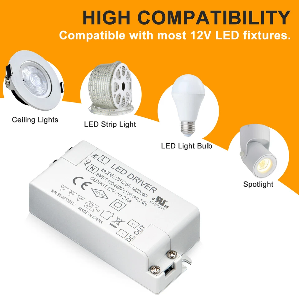 24W LED Light Driver AC 110V/240V to DC 12V Transformer Power Adapter Converter - Image 4 of 4