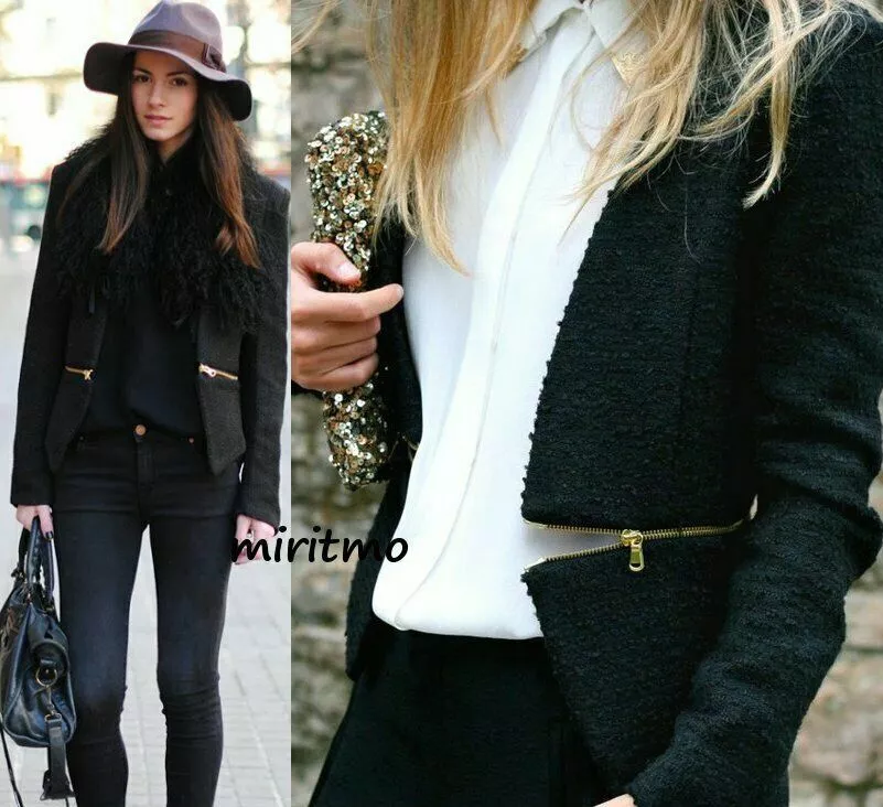 ZARA WOMAN BLACK BOUCLE FANTASY CROPPED BLAZER JACKET GOLD ZIPS SIZE SMALL S
