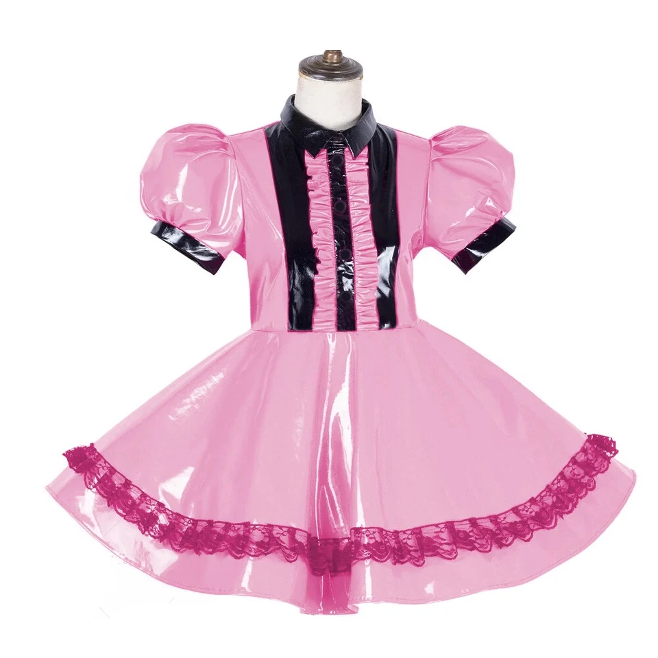 Shiny PVC Short Puff Sleeve Lolita Anime Dress Sissy French Maid Uniform - Image 4 of 4